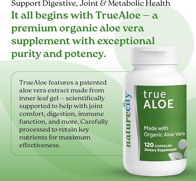 NatureCity True-Aloe Gut Health Support – Per Serving – Organic Aloe Vera (120 Capsules) for Digestive Skin &amp Joint Support | Small Easy-to-Swallow Pills