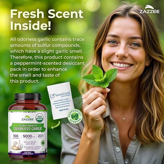Zazzee USDA Organic Odorless Garlic 20:1 Extract 1% Allicin 100 Vegan Capsules 3+ Month Supply Allium Sativum Immune Circulation &amp Heart Health Support All-Natural Non-GMO Made in the USA