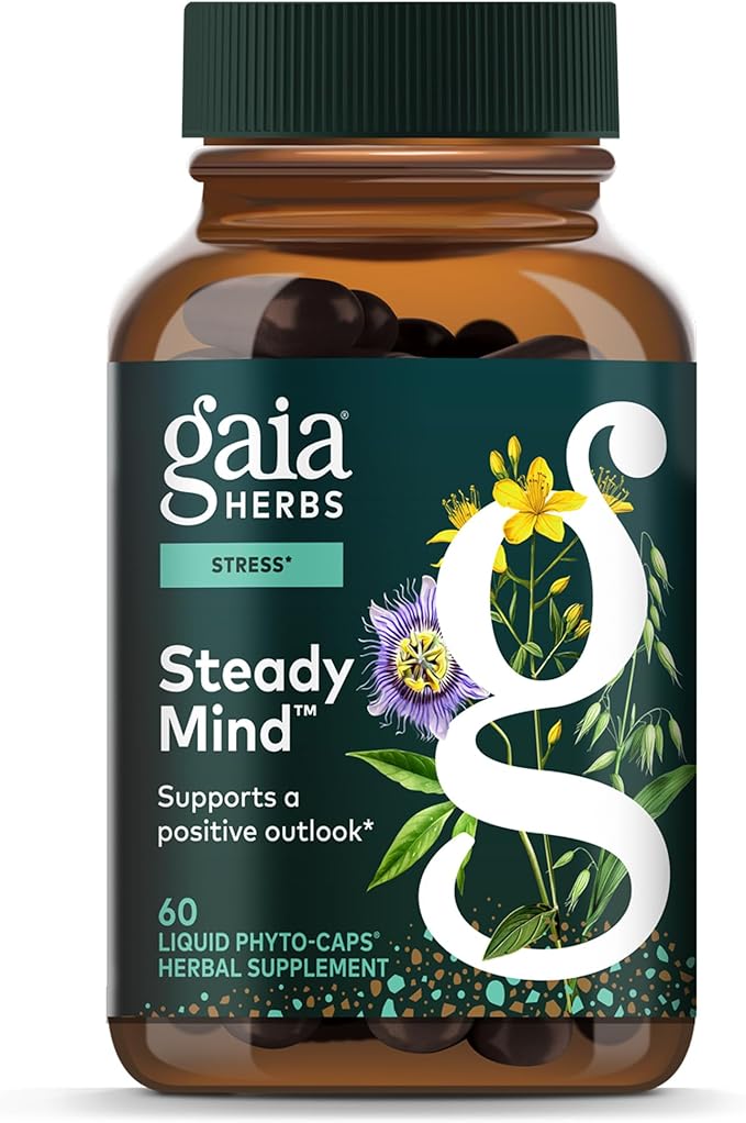 Gaia Herbs Steady Mind - Supplement Support with Herbs Traditionally Used for Stress Relief* - with St. John's Wort Passionflower Vervain &amp Oats - 60 Vegan Liquid Phyto-Capsules (60 Servings)