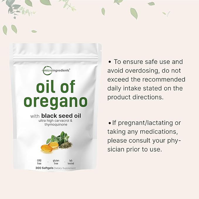 Micro Ingredients Oil of Oregano Softgels 300 Count | 2 in 1 Formulated with Black Seed Oil | 4X Strength Carvacrol &amp Thymoquinone | Plant Based Non-GMO