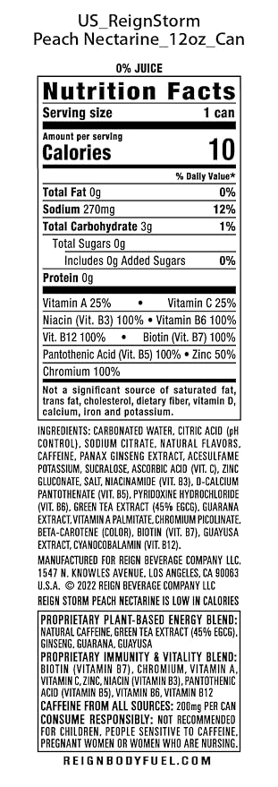 REIGN Storm Peach Nectarine Fitness &amp Wellness Energy Drink 12 Fl Oz | Pack of 12