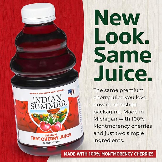 Indian Summer Premium Tart Cherry Juice Made with Montmerency Cherries 2 Simple Ingredients Handpicked Fruit since 1973 (32oz Pack of 6)