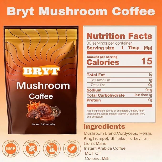 Bryt Mushroom Coffee with 6 Adaptogenic Mushrooms + Collagen – Steady Energy Focus &amp Immunity Support 6.35 oz(1pcs)