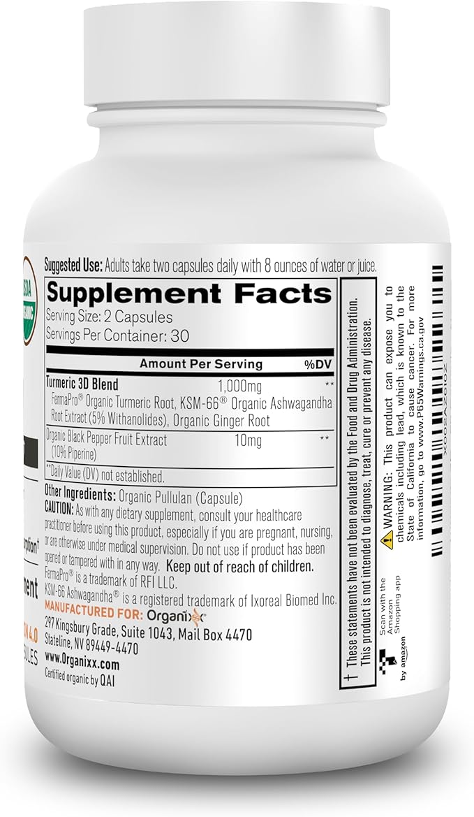 Organixx USDA Organic Turmeric Curcumin Supplement with Ashwagandha Vitamin D Turmeric &amp Ginger – Fermented for Maximum Bioavailability 60 Count + 30 Count
