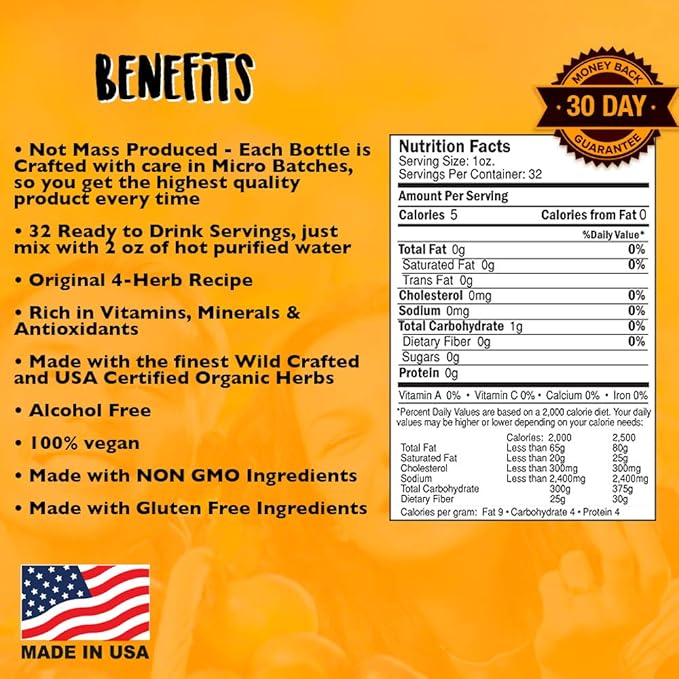 Essiac Tea 32 Ounce Extract | Immune System Liver and Lymphatic Support | Based on Original Recipe and Made in the USA | Certified Organic and Wild Crafted Herbs | No Alcohol and Easy Preparation