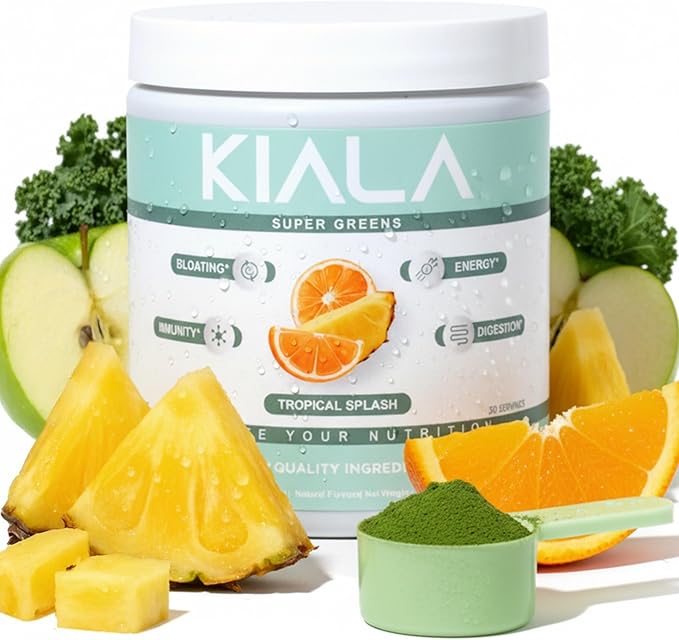 Kiala Nutrition Super Greens Organic Greens Powder with Spirulina &amp Chlorella for Digestion Gut Health Immunity Adaptogens Energy Gluten Free Vegan Sugar Free Tropical Splash 30 Servings