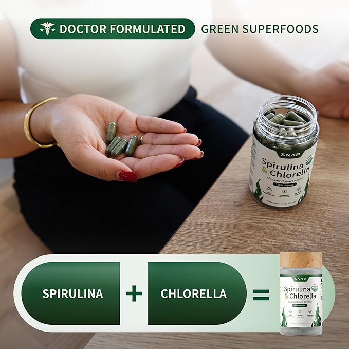 Snap Supplements Organic Spirulina and Chlorella - Protein Rich Blue Green Algae Superfood Supplement for Energy and Immune Support 120 Vegetarian Capsules (30 Servings 1 Month Supply)