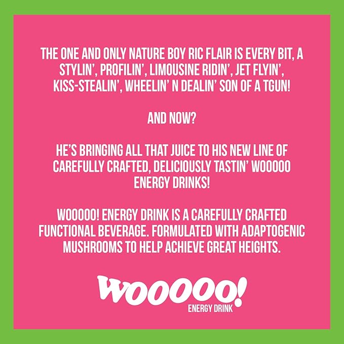 Wooooo! Energy Ric Flair Sparkling Adaptogenic Mushroom Energy Drink | Natural Antioxidants &amp Nootropics | Lion’s Mane &amp Cordyceps | 150mg Caffeine | 12 Pack (Dragon Fruit)