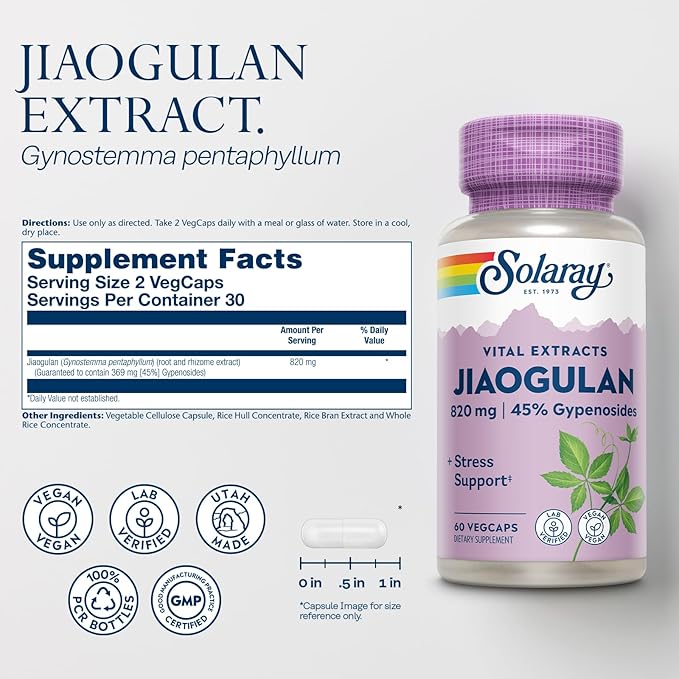 SOLARAY Jiaogulan Root and Rhizome Extract Gynostemma Pentaphyllum Stress Support and Antioxidants Supplement - Vegan Lab Verified - 60 Day Money-Back Guarantee 30 Servings 60 VegCaps