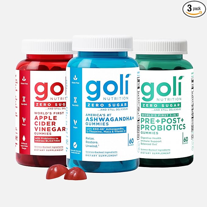 Goli Zero Sugar Trio- World's First 3-in-1 Pre Post Probiotic Apple Cider Vinegar with Vitamin B12 and Probiotics Ashwagandha &amp L-Theanine Vitamin D gummies. Vegan Gelatin &amp Gluten-Free