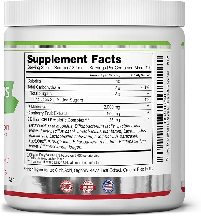 Zazzee D-Mannose Powder Plus 2000 mg 120 Servings Plus 5 Billion CFU Probiotics and Pure Cranberry Juice Extract Certified Kosher Free Scoop 11.94 oz Urinary Tract Support Non-GMO