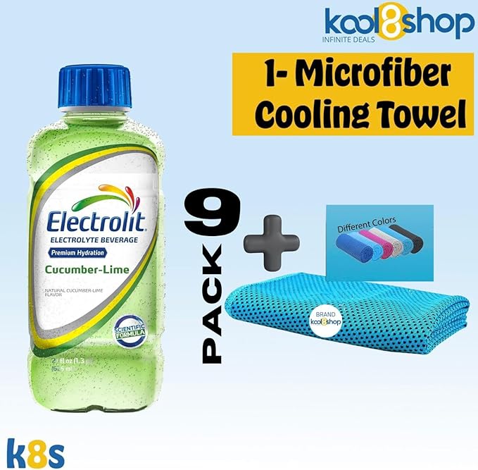 Electrolit Cucumber Lime Hydration Drink With Electrolytes 21 fl oz Plastic Bottles 9 Pack + 1 Microfiber Cooling Towel by KOOL8SHOP Infinite Deals