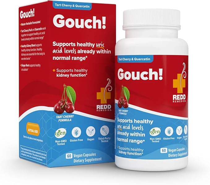 Redd Remedies Gouch! | Supplement for Joints Uric Acid Levels and Healthy Kidney Function | Tart Cherry Ginger Quercetin &amp More | 60 Vegan Capsules