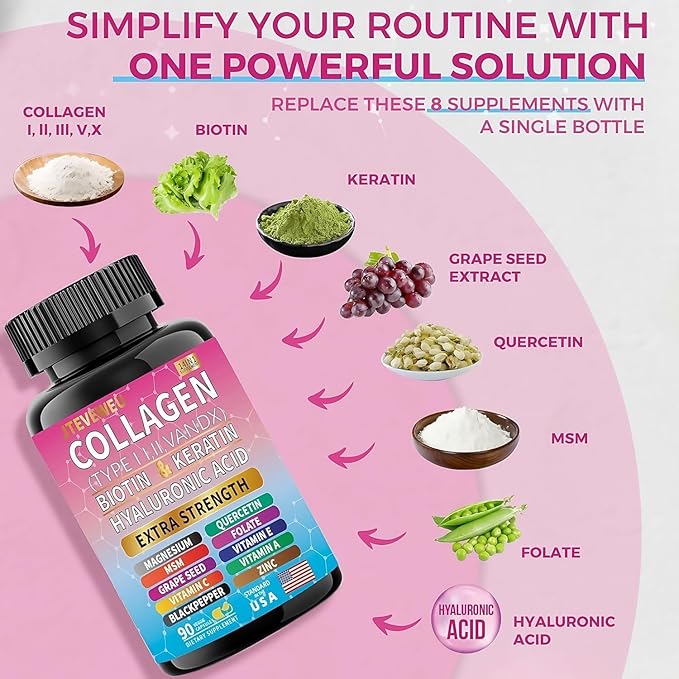 Collagen Supplement - Type I II III V and X - with Biotin Keratin Hyaluronic Acid &amp 13+ Extra Strength Ingredients - （180 Capsules）