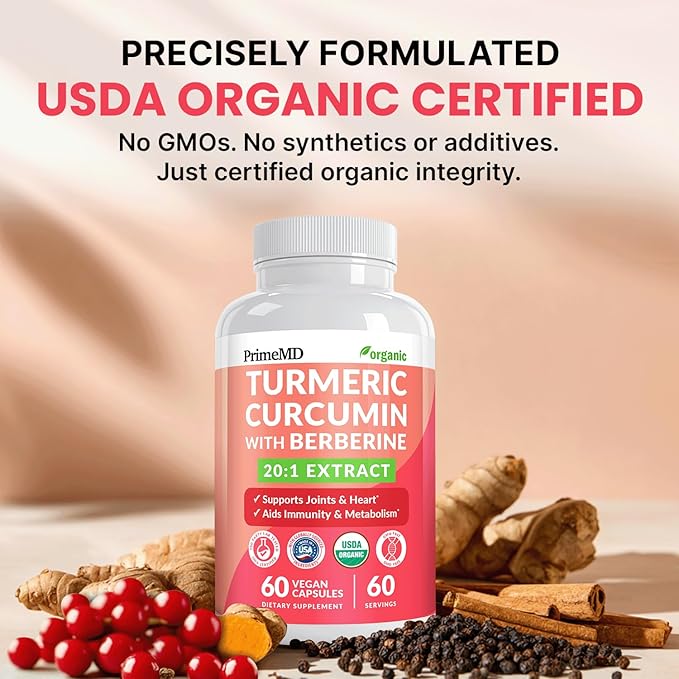 5-in-1 USDA Organic Turmeric Curcumin Supplement - 230mg with Berberine Ceylon Cinnamon Bioperine and Ginger Supplements for Mobility Digestion &amp Wellness Support USDA Organic 60 Servings 1-P