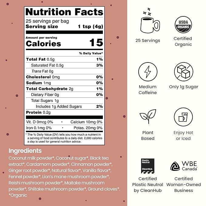 Blume Superfoods Latte - Vanilla Chai Blend with Black Tea Cardamon Cinnamon Low-Caffeine Low-Sugar Organic Keto Friendly Vegan Mushroom Blend- 25 Servings