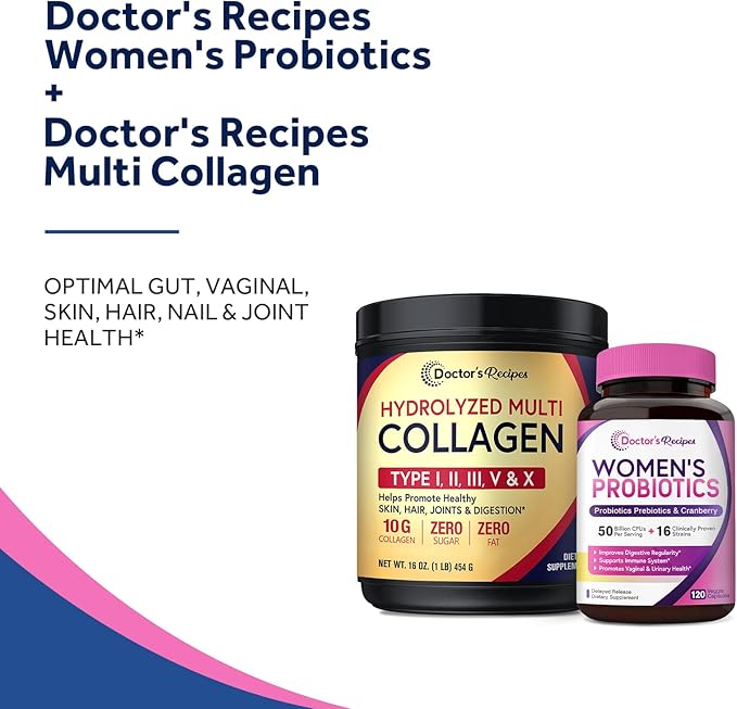 Doctor's Recipes Multi Collagen Peptides Powder 16oz and Women’s Probiotic 120 Caps