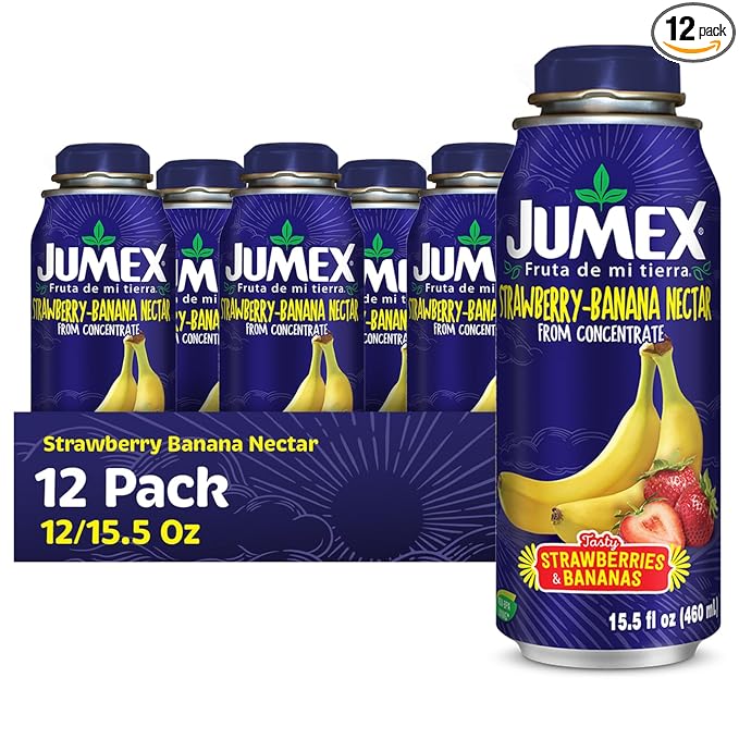 Jumex Strawberry Banana Nectar Lata Botella - Fresh Fruit Puree &amp Tropical Fruit Juice Concentrate for Smoothie Mix Cocktail Mixers &amp Kids Beverages - 15.5oz 12 Pack Resealable Juice Bottles