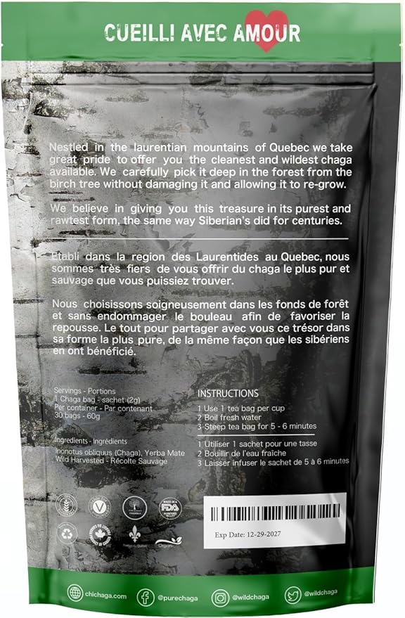 Premium 100% Wild Harvested Chaga Mushroom &amp Yerba Mate Combo - 30 Tea Bags