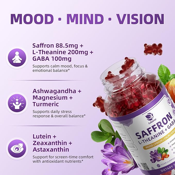 Lukaree 10-in-1 Saffron Gummies Supplements for Mood Focus &amp Eye Support with L-Theanine 200mg GABA Ashwagandha Lutein Zeaxanthin &amp Astaxanthin Sugar Free Vegan Berry Flavor 2 Pack 12