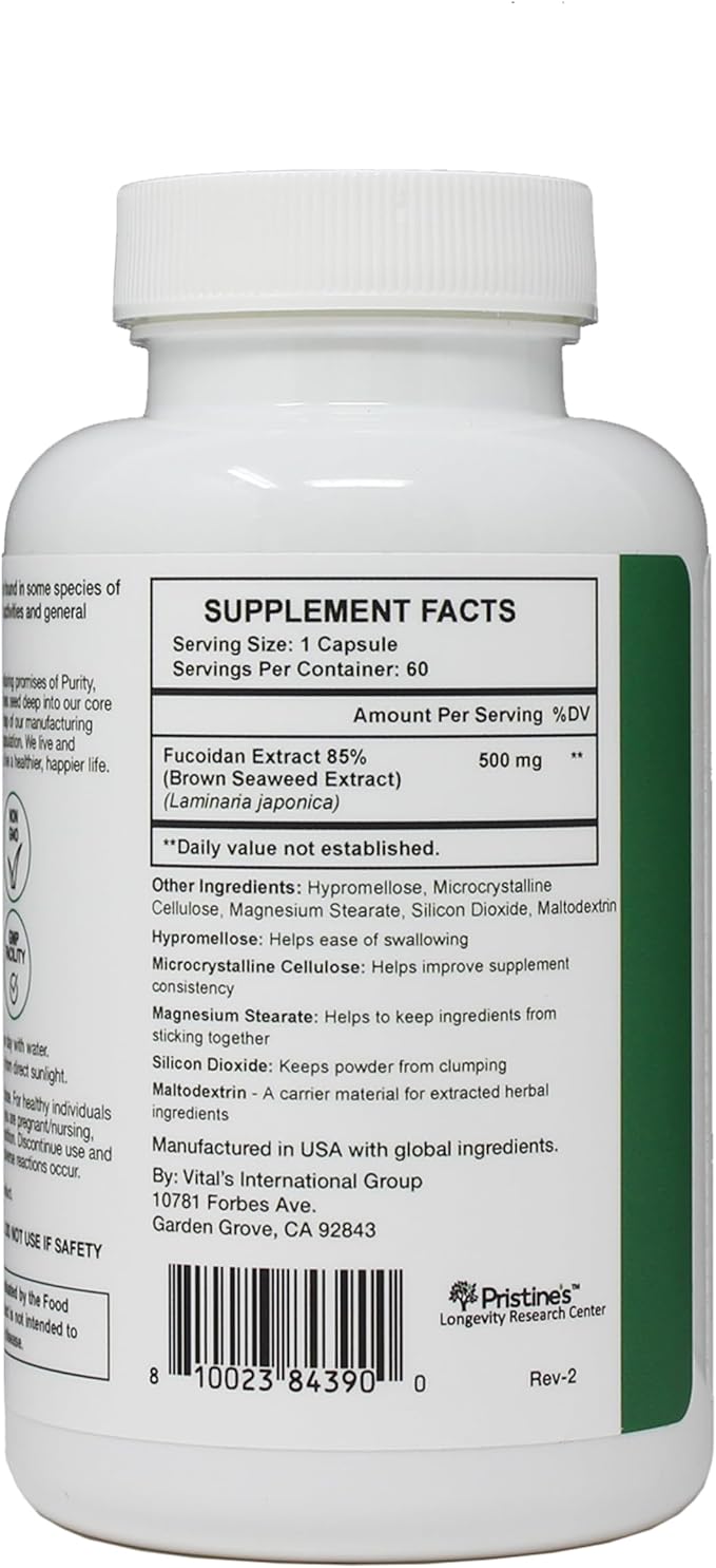 PRISTINE'S Fucoidan 500MG Immunity Supplement Capsules - 60 Day Supply - Brown Seaweed Extract - Potent Herbal Antioxidant Lung Health &amp Skin Health Support