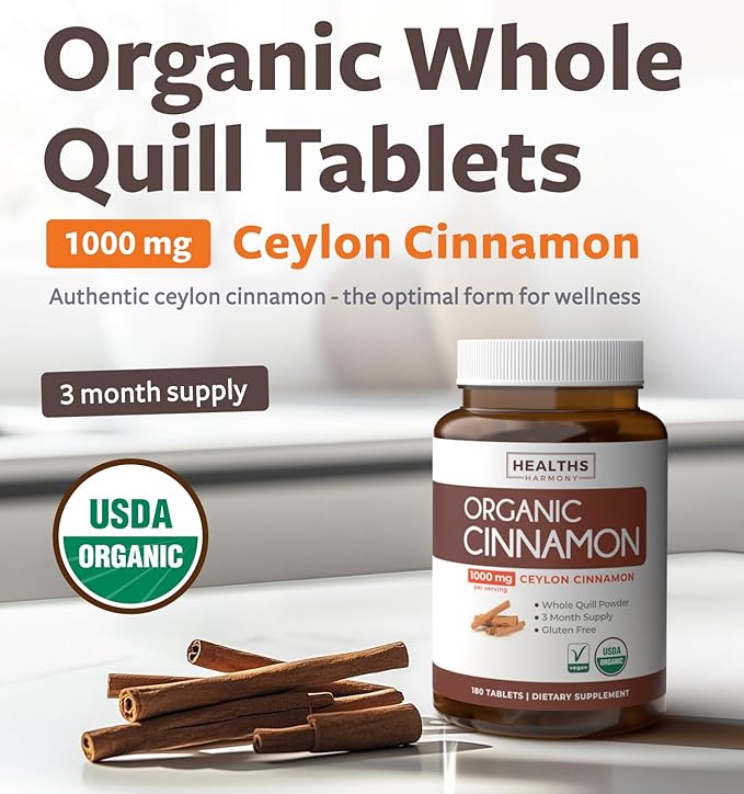 USDA Organic Ceylon Cinnamon Pills - High Potency Ceylon Cinnamon Supplement with 1000mg per Serving for Full Body Antioxidant Support - Vegan Non-GMO cGMP Made &amp Lab Verified (3 Months Supply)