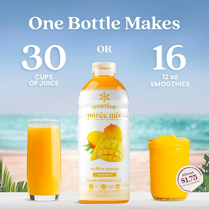 Smartfruit Mellow Mango + Immunity – 100% Real Fruit Purée w/Mango Banana Apple Pineapple – Great for Smoothies Juice Yogurt Cocktails Tea – High in Vitamin C Selenium Zinc – 2-Pk 48oz Each