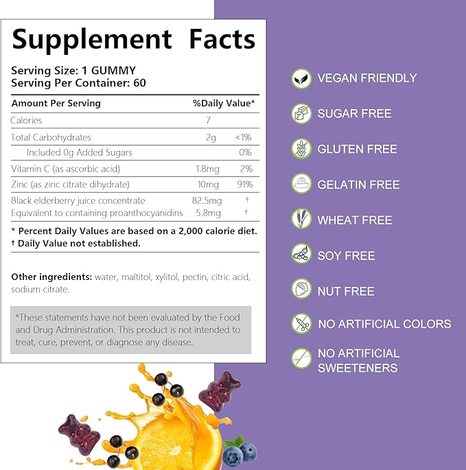 AFXMATE Sambucus Black Elderberry Gummies with Zinc and Vitamin C for Adults Kids Immune Support Sugar Free Elderberry 120 Counts