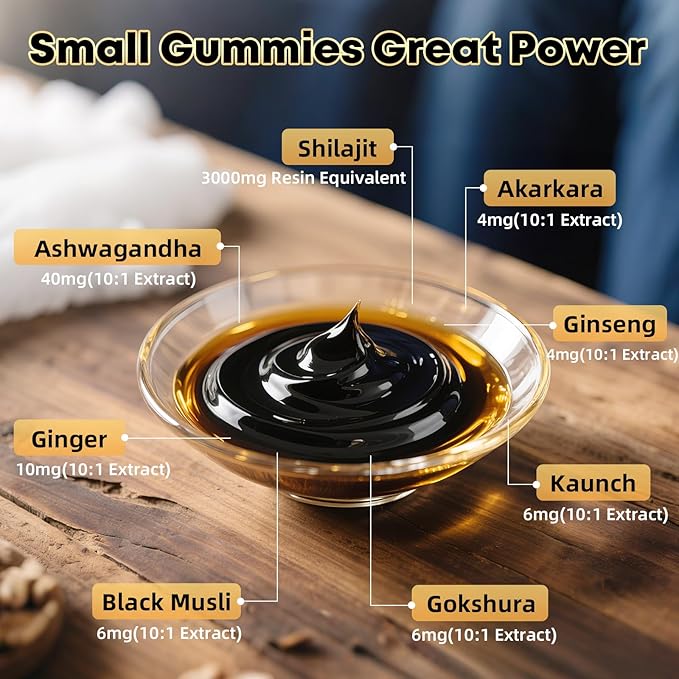 Shilajit Gummies: Pure Shilajit Himalayan Rich in Ashwagandha Gaulshura Fulvic Acid 85 Micronutrients Suitable for Men and Women No Added Sugar Non-GMO 100% Natural Organic 90 Gummies