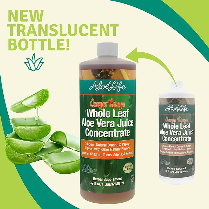 Aloe Life - Whole Leaf Aloe Vera Juice Concentrate Supports Occasional Indigestion Bloating Regularity Energy and Optimum Health (Orange Papaya 32 Ounces)