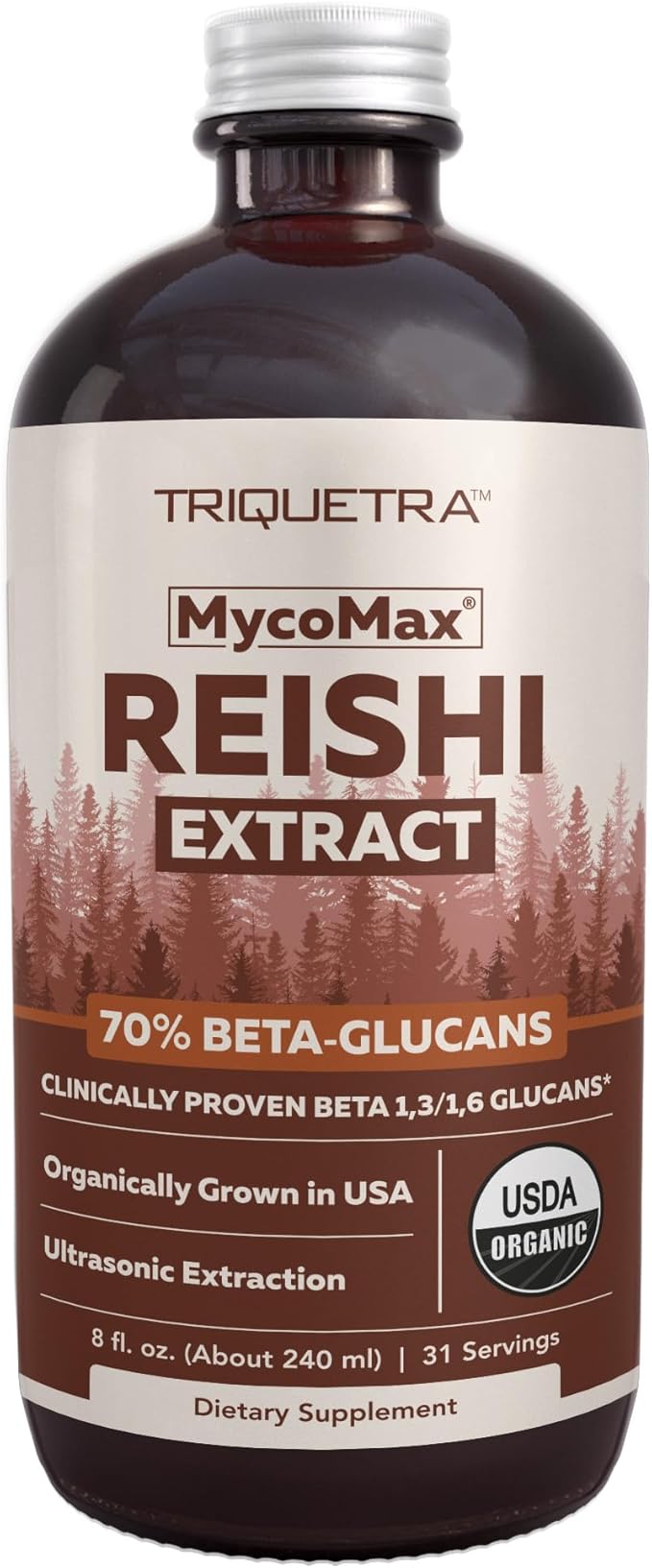 Organic Reishi Mushroom Extract - 70% Beta Glucans - Highest Active Nutrient Levels Max Potency Cordyceps Tincuture US Grown + Ultrasonic Extraction - Energy Immunity Sleep and Stress - 8 oz.