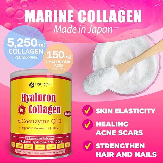 FINE JAPAN Premium Marine Collagen Powder with Hyaluronic Acid CoQ10 &amp Elastin/Set of 2/ Non-GMO - 28 Servings (196g / 6.9oz)