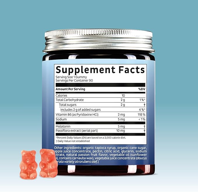 Bears with Benefits Vegan Melatonin 5mg Gummies Sleep Gummies for Reduced time to Fall Asleep with Vitamin B6 &amp Passion Fruit Extract - Super Snooze Sleep Vitamin (90 Gummies)