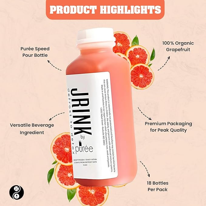 JRINK by Purée Organic Grapefruit Juice Cold Pressed Raw Fruit Cleanse Healthy Detox with No Preservatives Organic Juice Cleanse in HDPE Bottles Grape Citrus Beverage 16oz Pack of 18
