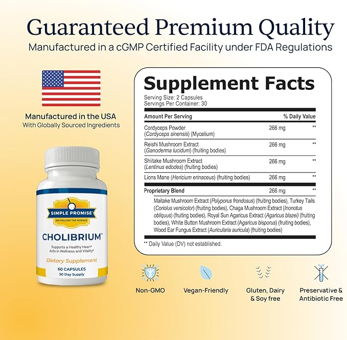 Cholibrium 9-in-1 Mushroom Complex Capsules With Lion’s Mane &amp Reishi - Adaptogenic Mushrooms Supplement Blend For Daily Immunity Focus Sleep &amp Heart Health Support - 1330 mg - 60 Capsules