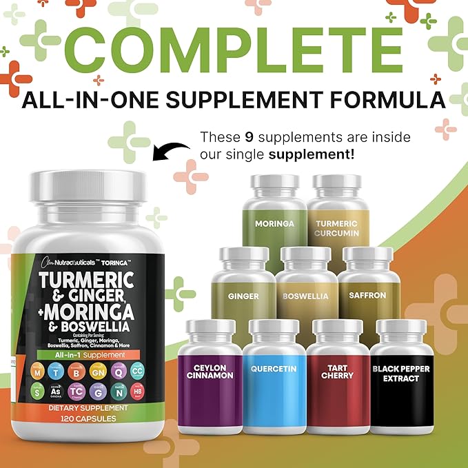 Turmeric Moringa Supplement | Ginger Boswellia Saffron - Supplement for Women and Men with Ceylon Cinnamon Tart Cherry Quercetin Garlic Nettle Holy Basil - 5Pack