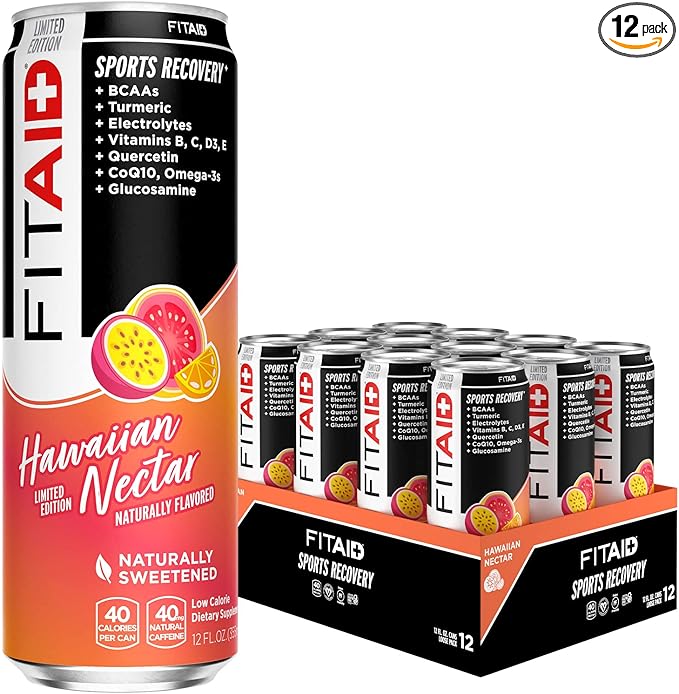 FITAID Post Workout Recovery Drink Hawaiian Nectar Passion Fruit Orange &amp Guava BCAAs Glucosamine Electrolytes 40 Calories 12 Fl Oz (Pack of 12)