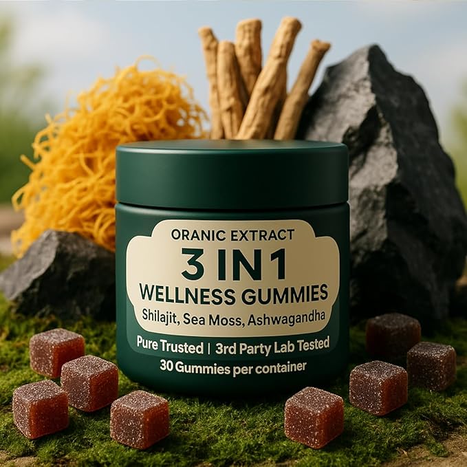 3IN1 Shilajit Wellness Gummies Ashwagandha Sea Moss Energy &amp Immune Support for Man &amp Women Trace Mineral &amp Fulvic Acid Rich Organic Vegan Non-GMO 30 Gummies
