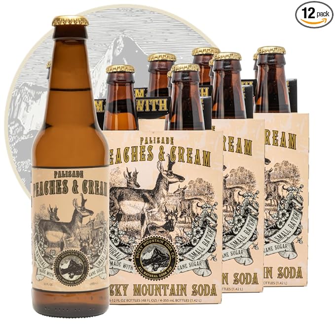 Rocky Mountain Soda 12‑Pack 12 Fl Oz Bottles Small‑Batch Craft Soda Pop Gluten‑Free Vegan Organic Cane Sugar No Preservatives No Added Sodium Peaches &amp Cream Soda Pop