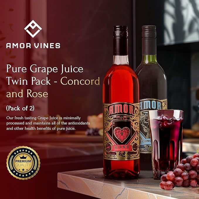 Amor Vines: Rosé &amp Unfiltered Concord Grape Juices - 100% Pure Non-Alcoholic No Water Added Preservative-Free – 750ml Glass Bottles (Pack of 2)