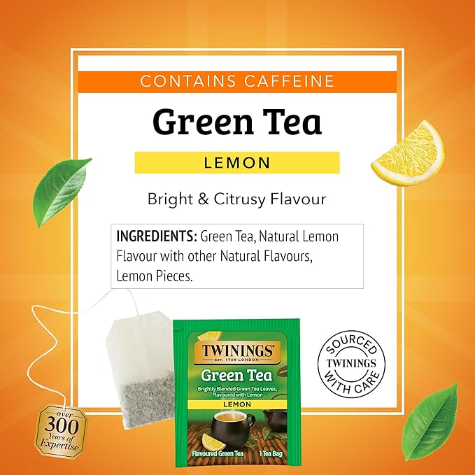 Twinings Green Tea with Lemon Individually Wrapped Bags 20 Count (Pack of 6) Zesty Citrus Aroma &amp Flavour Caffeinated Enjoy Hot or Iced 120 Teabags