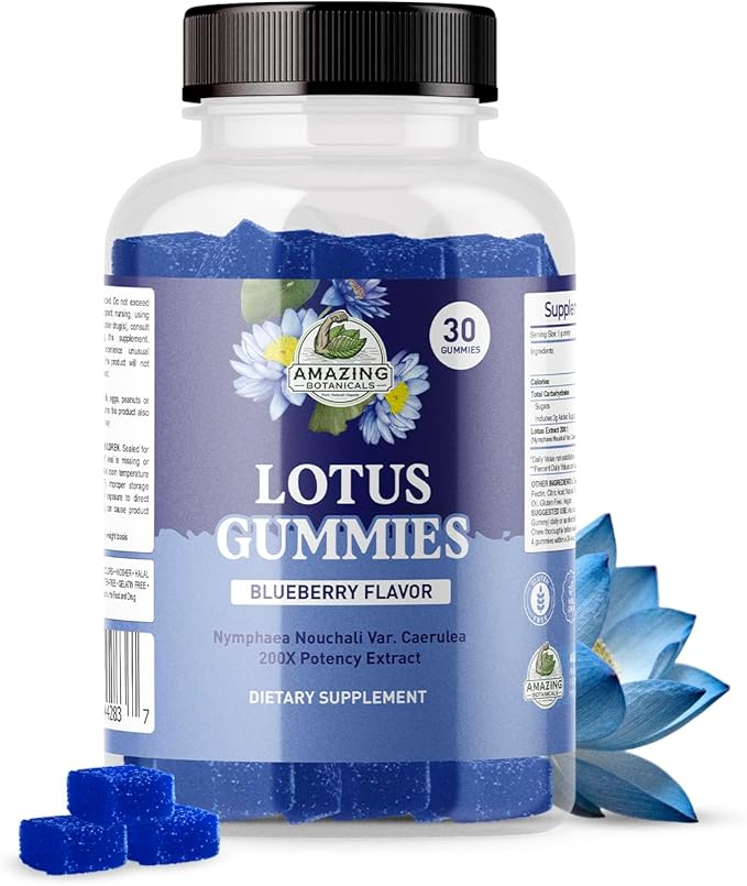 Amazing Botanicals Blueberry Lotus Flowers Gummies – Premium Relaxation &amp Calm Support – Vegan Non-GMO Gluten-Free Herbal Supplement 250MG - Berry Flavor (30 Count)