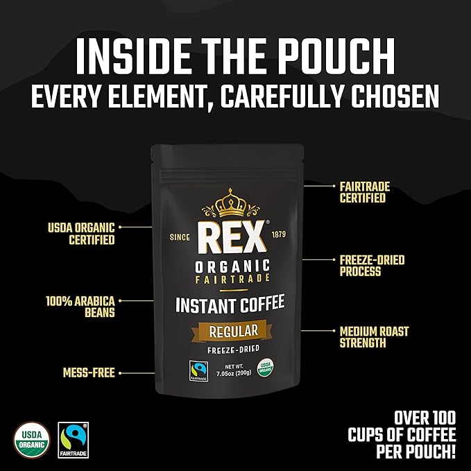 Rex Organic Fairtrade Freeze-Dried Instant Coffee – Medium Roast Arabica 7.05 oz Resealable Pouch Bag – USDA Organic &amp Fairtrade Certified Lab Tested for Mold &amp Mycotoxins