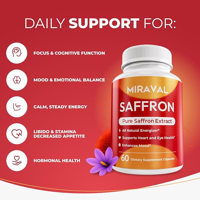 Saffron Supplement for Men &amp Women – Saffron Capsules with Organic Saffron Extract – Supports Mood Focus &amp Clarity – Non-GMO Gluten-Free – 60 Capsules – 60-Day Supply