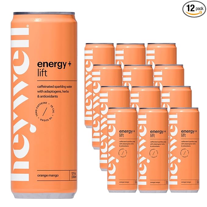 Heywell Sparkling Adaptogenic Water Energy and Uplift Orange Mango Flavor 12 Fluid Ounce (Pack of 12) - Non Caffeinated Organic Non GMO Vegan Gluten Free Dairy Free