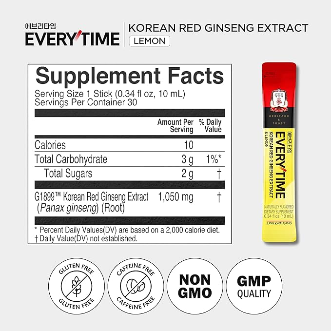 JUNG KWAN JANG Everytime Korean Red Ginseng Extract Stick 1050mg &amp Lemon - Vegan Ginseng Root Energy Drink Liquid Stick Supplements - Builds Stamina &amp Immunity No Caffeine Non-GMO (30 Sticks