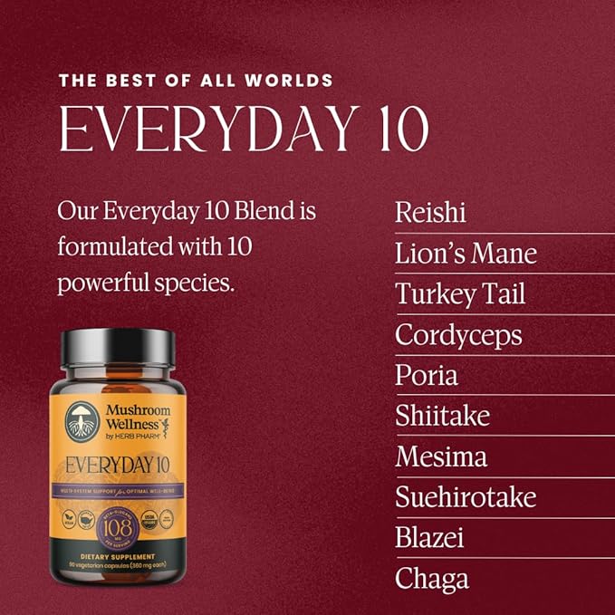 Mushroom Wellness Everyday 10: Organic 10-in-1 Mushroom Capsules with Lion's Mane Shiitake Reishi Turkey Tail &amp More Mushroom Powder Supplement Immune &amp Nervous System Support 90 Vegan C
