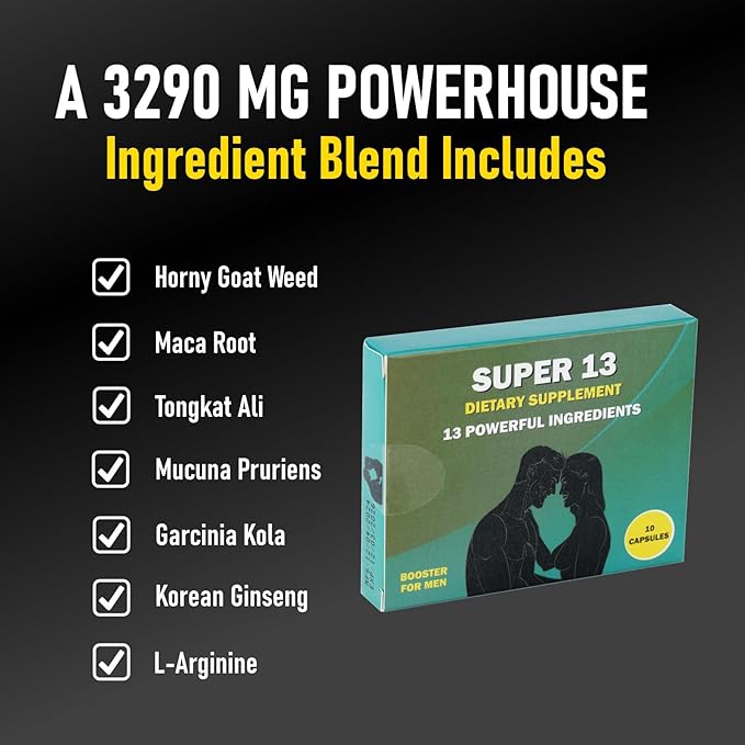 Super 13 Fast Acting Herbal Male Supplement for Men. 13 Potent Ingredients - Horny Goat Weed Tongkat Ali Maca &amp More for Energy Vitality Stamina Endurance and Performance Enhancer Pills 10 Caps