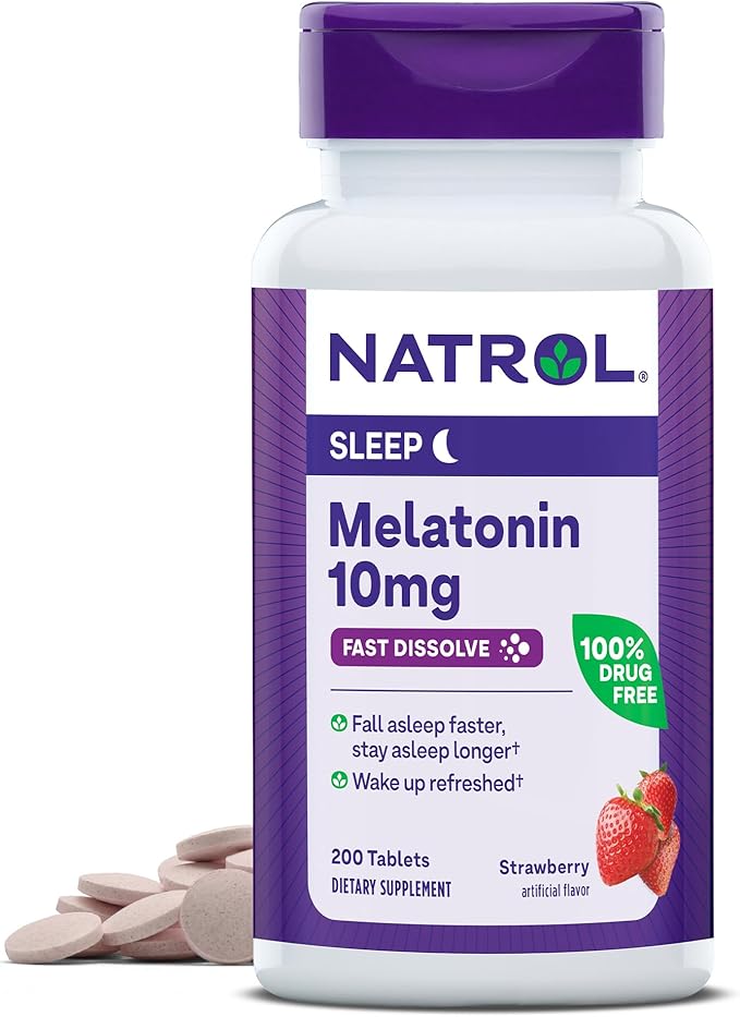 Natrol Melatonin 10mg 200 Tablets &amp 5mg 200 Tablets Strawberry-Flavored Fast-Dissolve Sleep Support Dietary Supplement Bundle