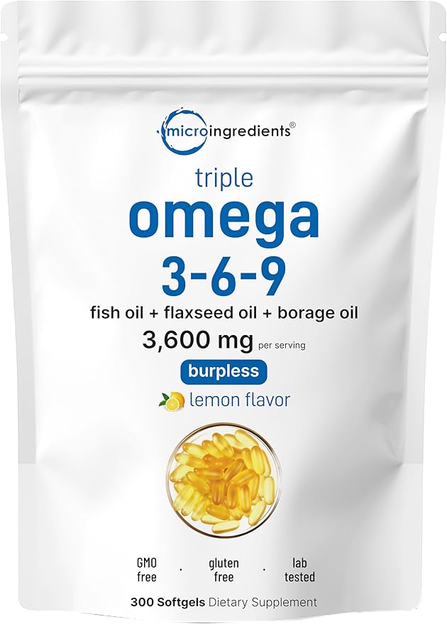 Ultra Omega 3-6-9 3600mg Per Serving 300 Burpless Softgels | Lemon Flavor – Blend of Fish Flaxseed Borage Oils | Bioavailable Source Non-GMO No Gluten Mercury Free